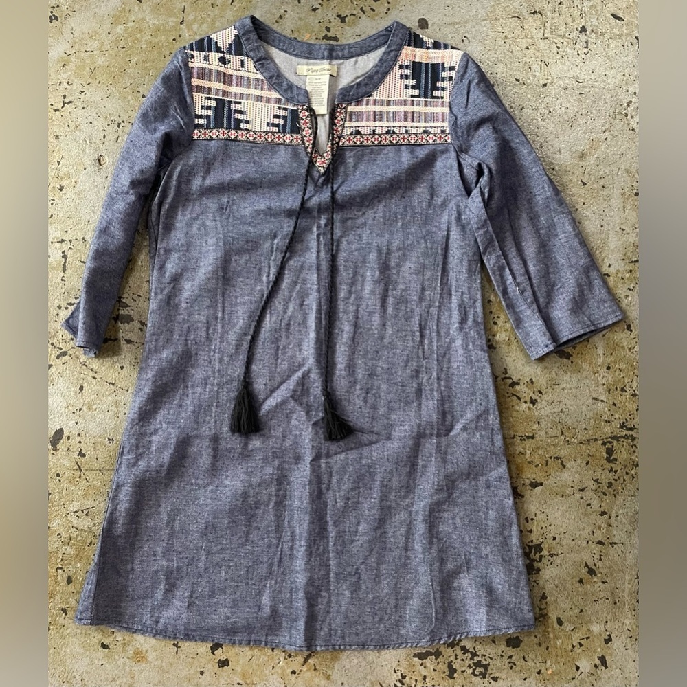 Flying Tomato Aztec Boho Chambray Embroidered 3/4 Sleeve Dress Size Small Petite